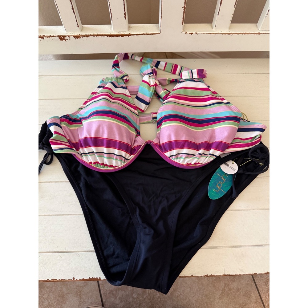 Mynah Womens Bikini Set XXL Top XL Bottom Striped Halter Black Hipster NEW